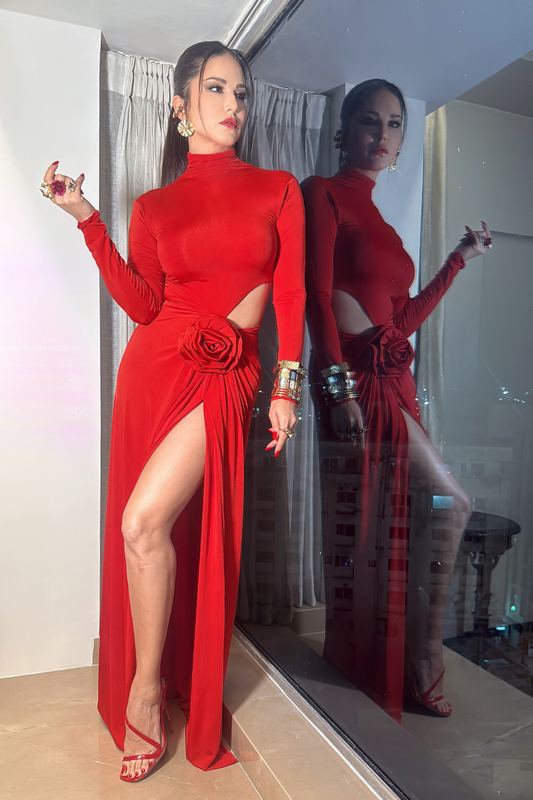 Rouge Romance / 3D Patch Flower High-neck Maxi Dress