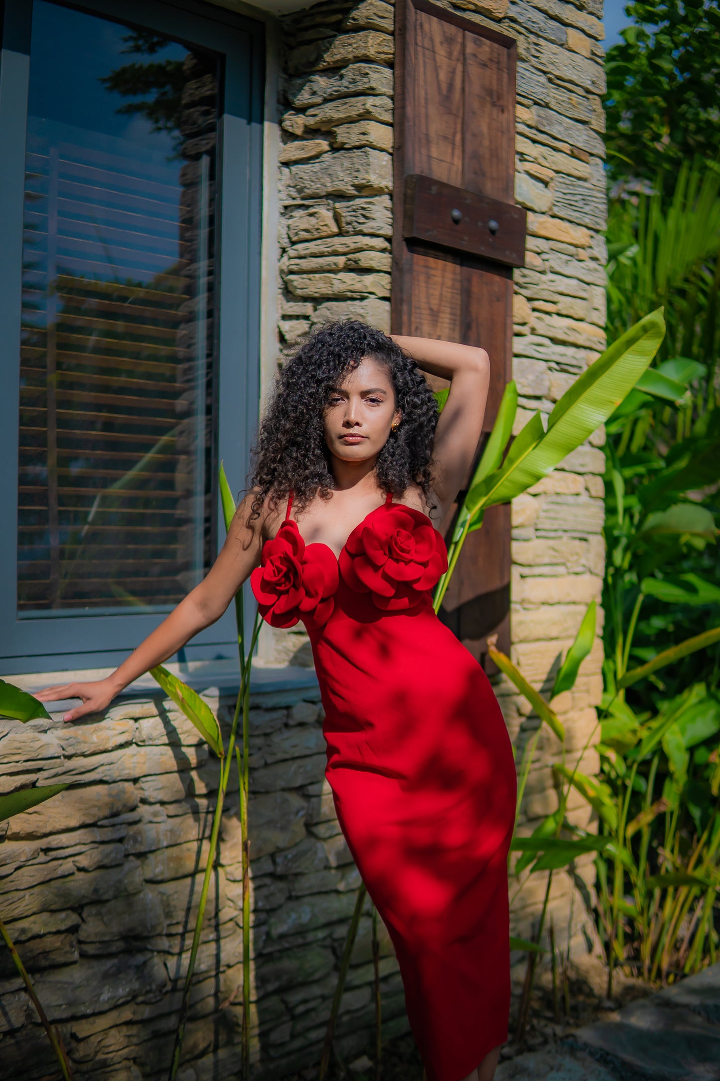 Bloom Rouge 3D Floral Midi Dress