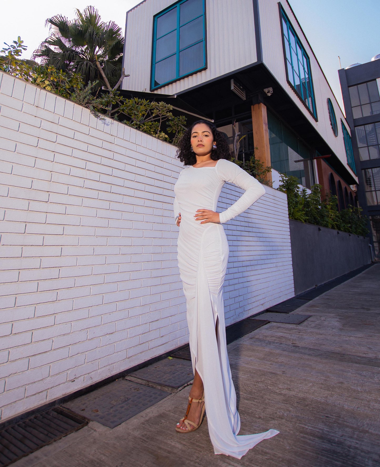 Whisper Veil/ White Ruched Maxi Dress