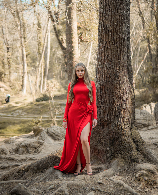 Rouge Romance / 3D Patch Flower High-neck Maxi Dress