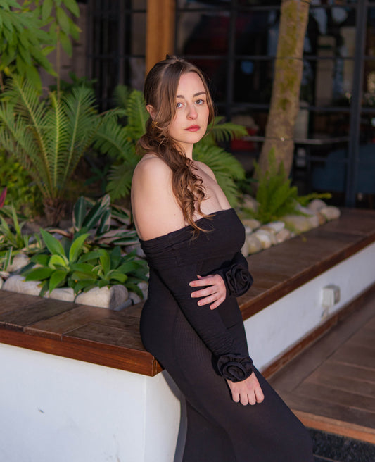 Black Bloom 3d patch flower maxi dress