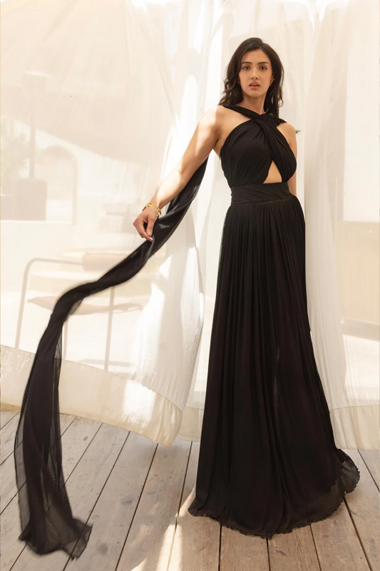 Noir chic/ Multi-Way Black Net Maxi Dress
