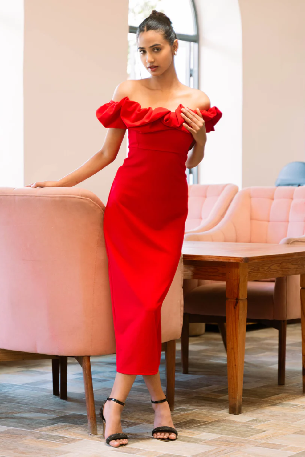 Red Ruffle Midi Dress