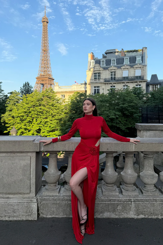 Rouge Romance / 3D Patch Flower High-neck Maxi Dress