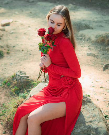 Rouge Romance / 3D Patch Flower High-neck Maxi Dress