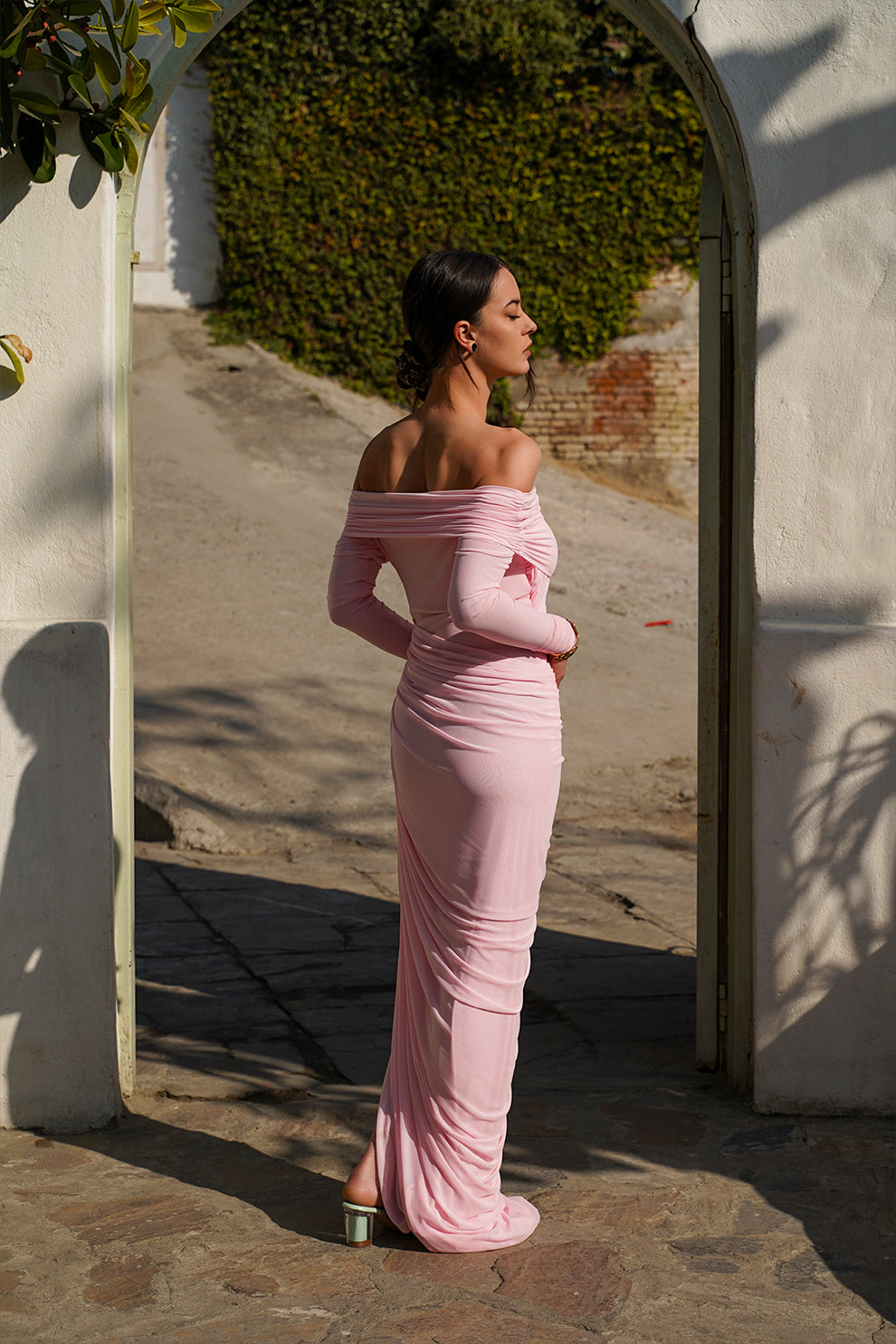 Pink off-shoulder Ruched maxi dress