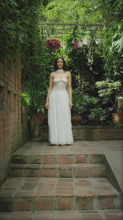 Moonbud Ruched/White Knot Maxi Dress