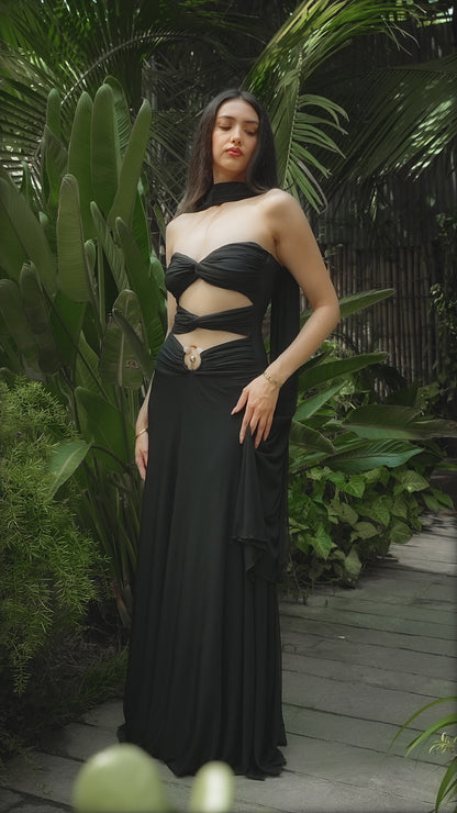 Mid-Night Poise/ Black Maxi Knot Cut-Out Dress