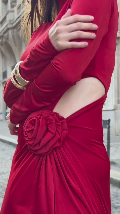 Rouge Romance / 3D Patch Flower High-neck Maxi Dress